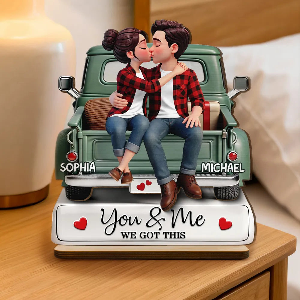 3D Kissing Couple On The Truck - Personalized Wooden Plaque With Flat Base - Valentine's Day Gift For Couple, For Him, For Her