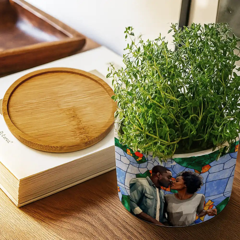 Custom Photo Stained Glass Portrait Family Photo - Personalized Ceramic Plant Pot - Gift For Mother, Grandma, Family