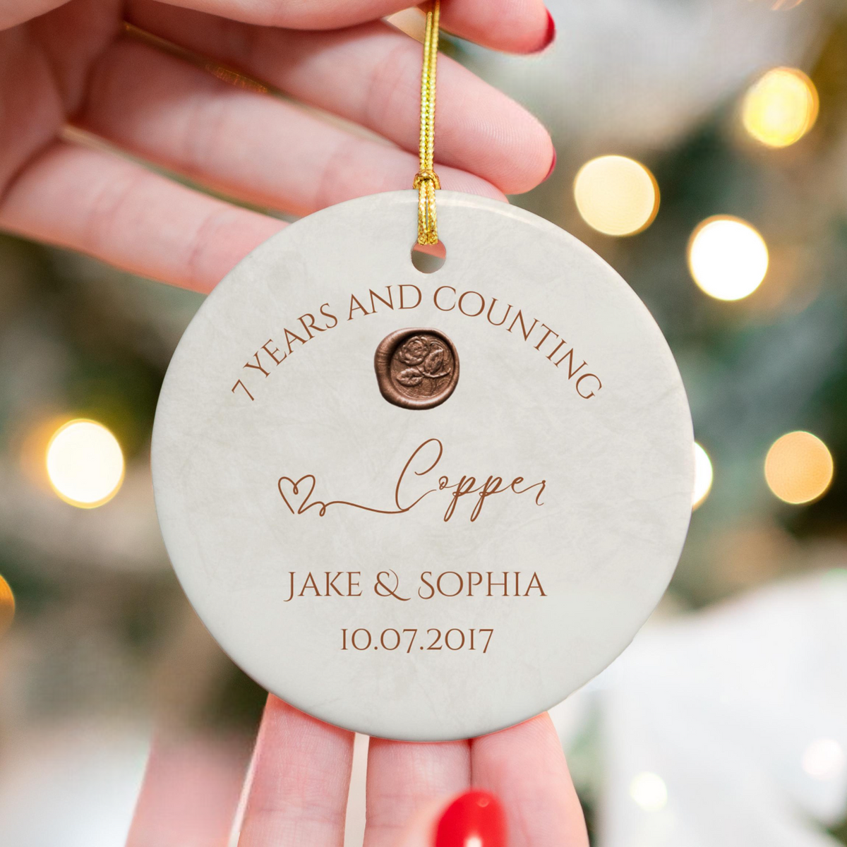Personalize 7th Anniversary Ornament, Copper Wedding Anniversary Gift, Seventh Year Anniversary Ceramic 7 Years Married Keepsake