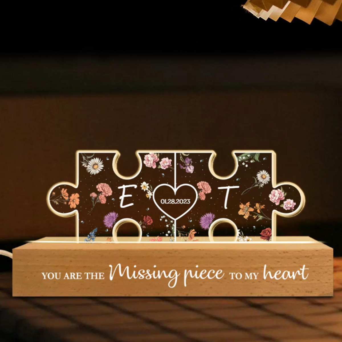 Personalized Couple Initials Puzzle Pieces Floral Theme Valentine's Day Gift, Custom Name and Date Night Light Led Gifts For Him/Her