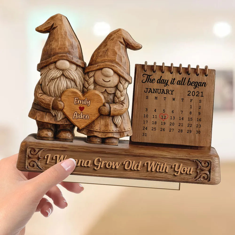3D Effect Couple Animals Gnome Anniversary Date Calendar - Personalized Wooden Plaque - Anniversary Gift For Couple