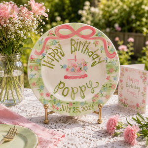 Personalized Birthday Plate For Girls, Wildflowers and Green Gingham Pattern, Gift For Birthday Girls