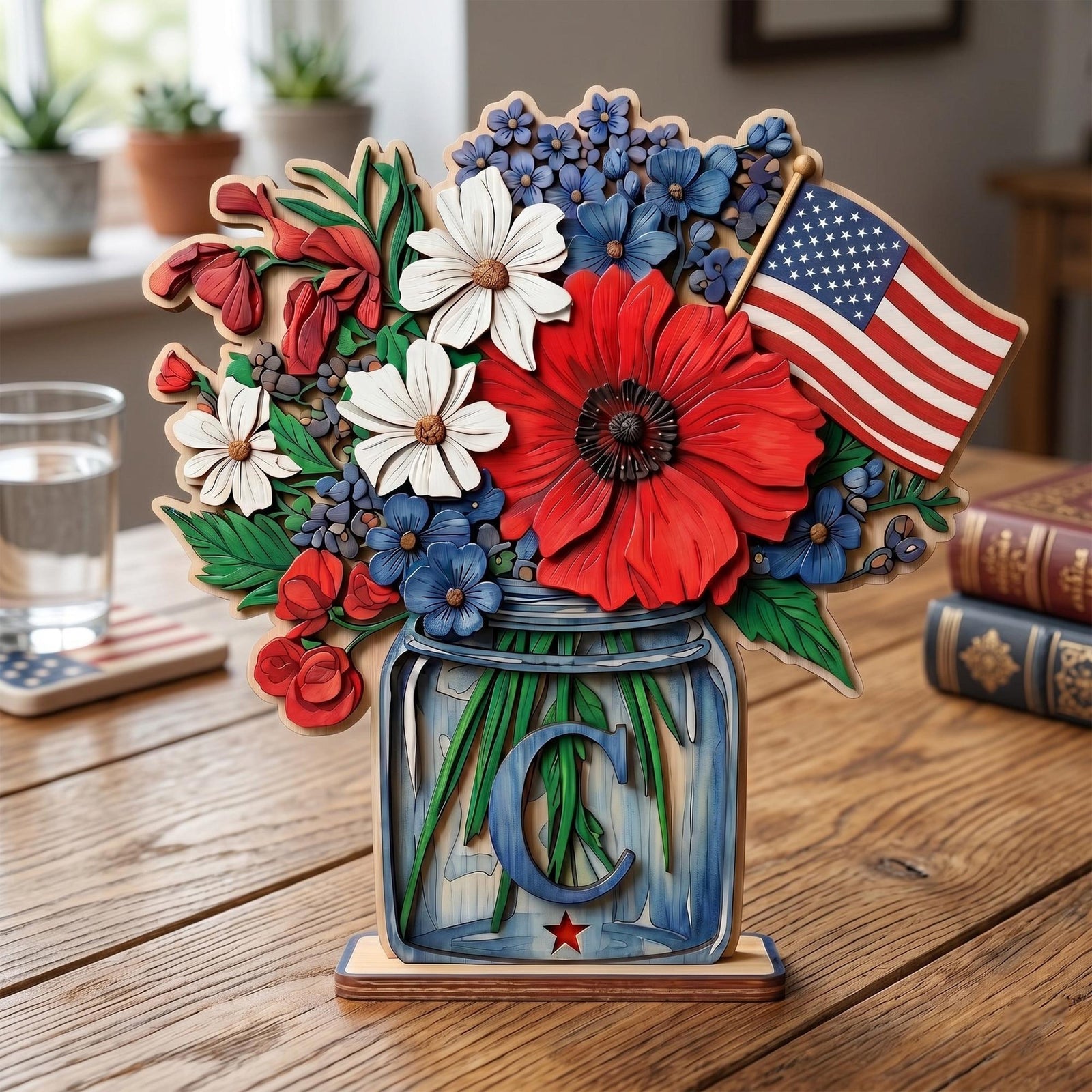 Personalized Patriotic Flower Wooden Plaque, American Flag Floral Arrangement, Fourth of July Centerpiece, USA Home Decor Gift
