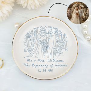 Custom Photo Wedding Anniversary Jewelry Plate for Married Couple, Personalized Ceramic Ring Dish & Marriage Keepsake