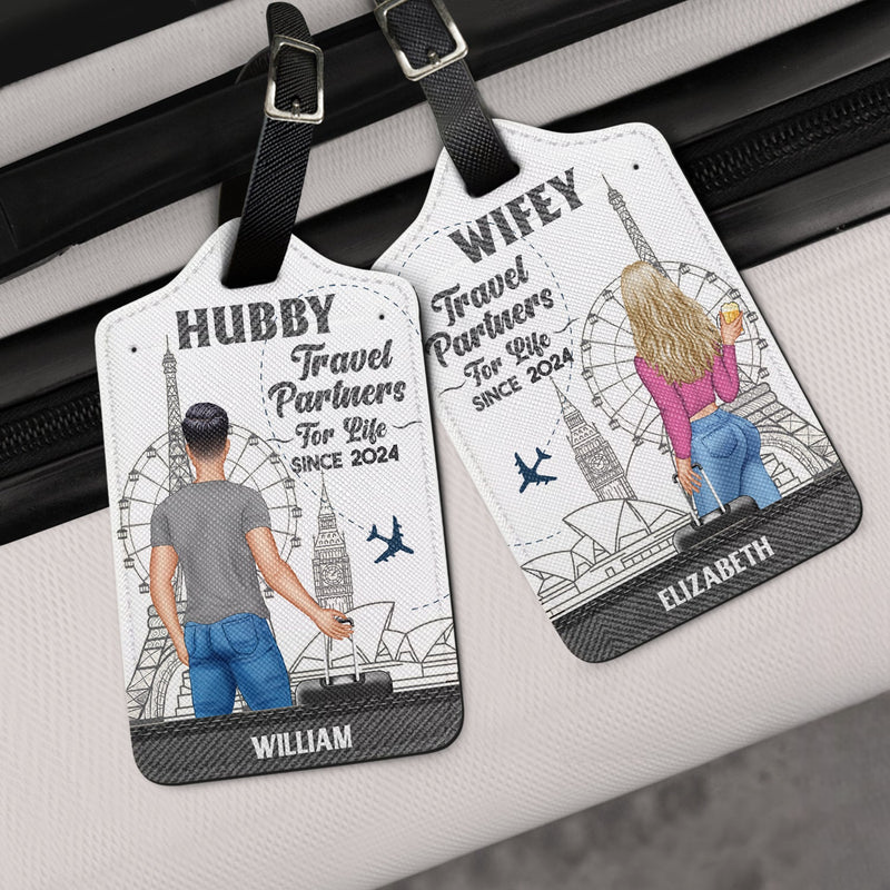 Hubby & Wifey Travel Partners For Life - Personalized Leather Luggage Tag - Gift For Couple, Travelling Lovers
