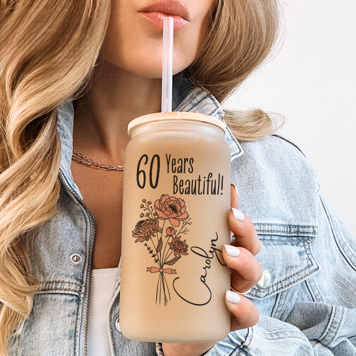60th Birthday Glass Turning 60 Gift With Birthflower Glass Tumbler 60 Year Old Gift Iced Coffee Cup Sixtieth Birthday Glass Can With Flower