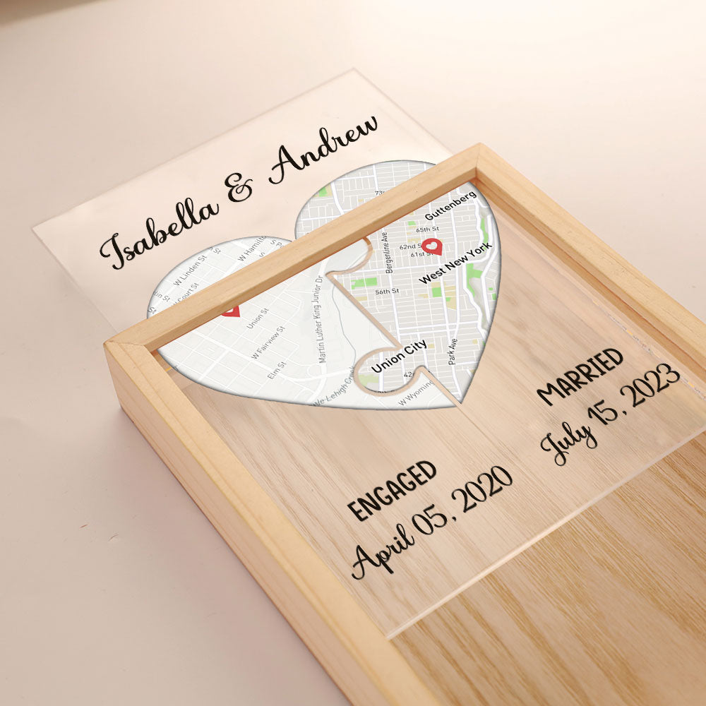 Custom Locations Heart Puzzle Map - Personalized Frame Light Box - Anniversary Gift, Valentine's Day Gift For Couple