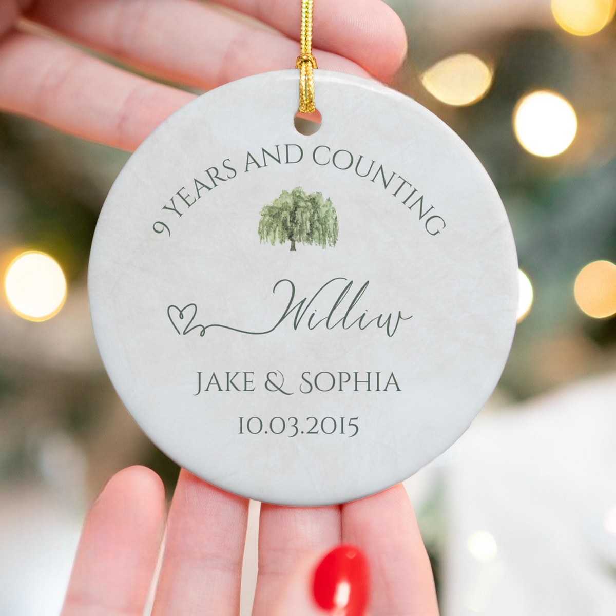 Personalized 9th Anniversary Ornament, Willow Wedding Anniversary Gift, Ninth Year Anniversary Ceramic Ornament, 9 Years Married Keepsake Gift