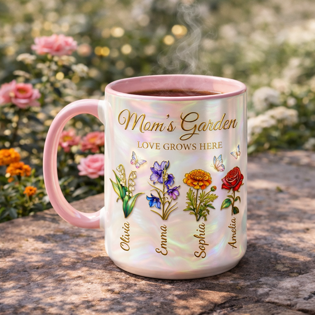 Personalized Mom Flowers Faux Stained Glass Mug, Birth Flower Mom Gifts from Daughter, Grandmas Garden, Faux 3D Effect