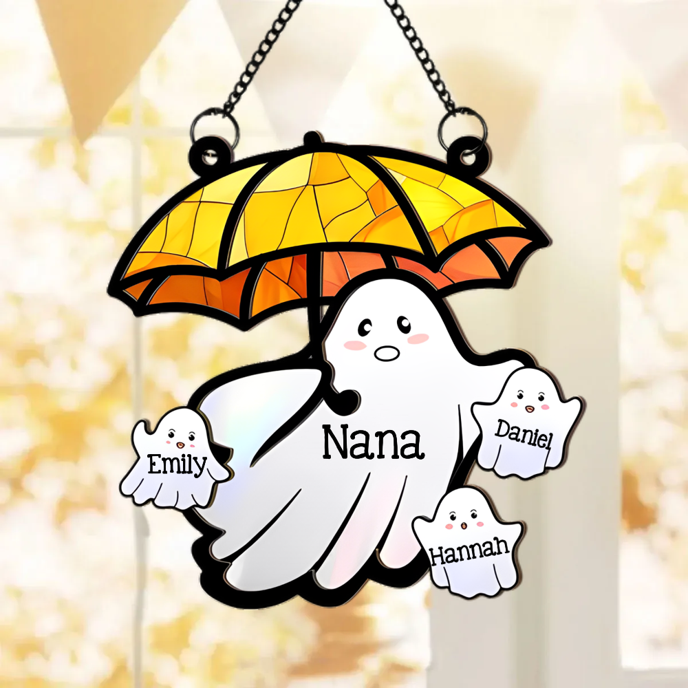 Grandma Ghost With Umbrella - Personalized Suncatcher Ornament - Halloween Gift For Grandma, Nana