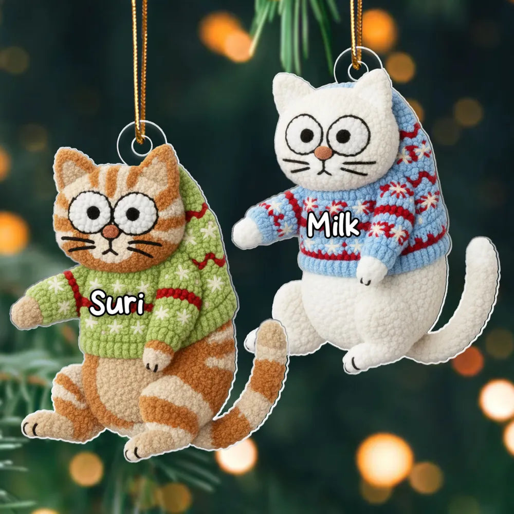 3D Effext Faux Crochet Funny Cat Hanging - Personalized Acrylic Ornament - Christmas Gift for Cat Lovers