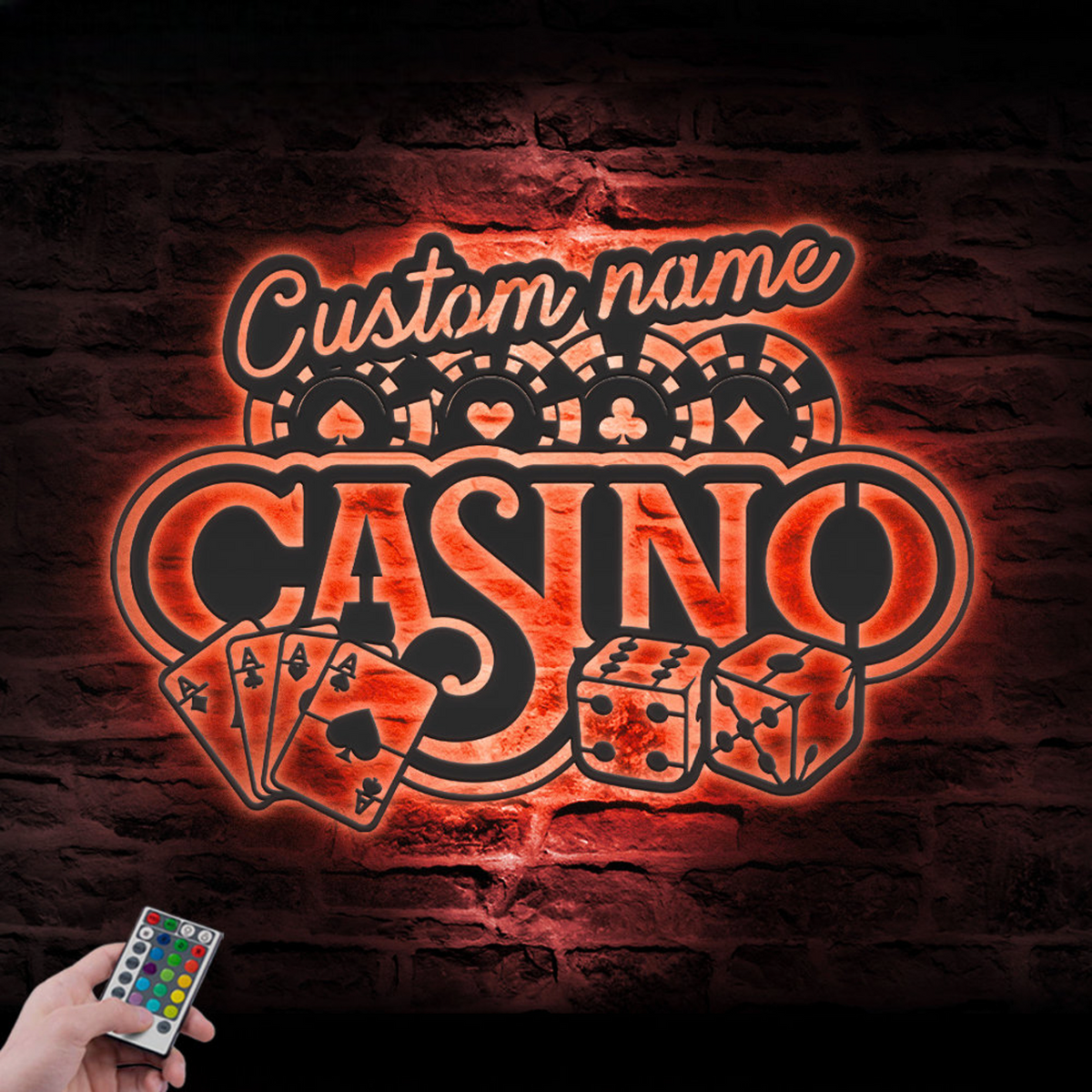 Custom Casino Playing Cards Chips Gambling Dice Poker Metal Wall Art LED Light, Personalized Gamer Name Sign Home Decor, Game Zone Decoration