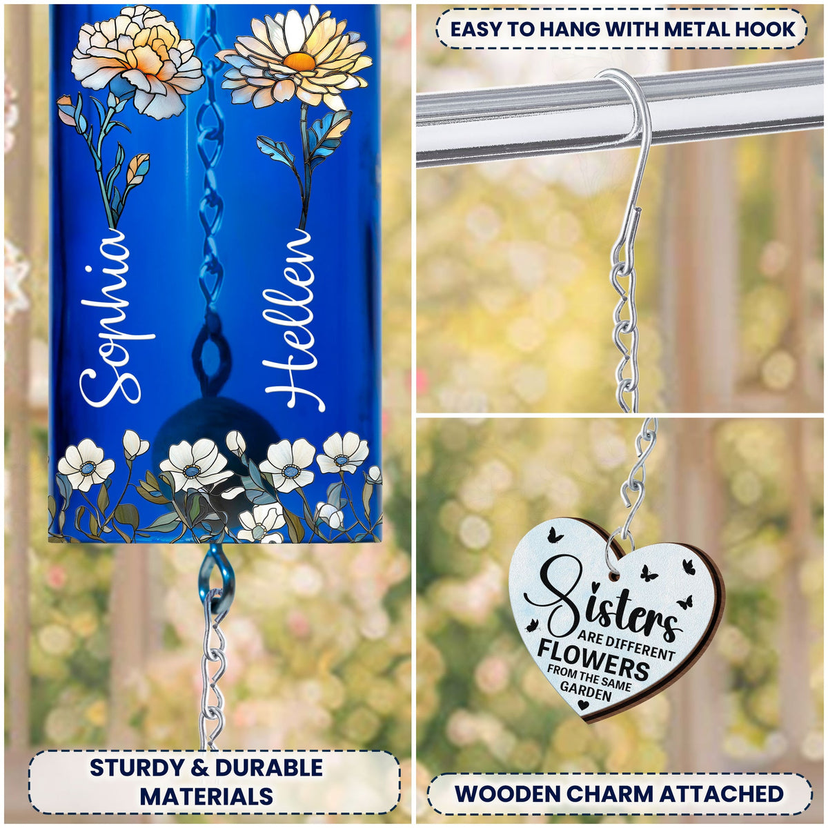 Sisters Birth Month Flowers - Personalized Wine Bottle Wind Chime - Birthday Gift For Sisters, Besties
