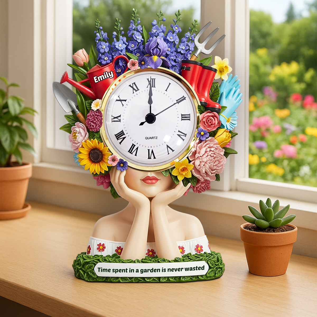 Flower Head Girl Desk Clock Plaque - Personalized Acrylic Desk Clock - Gifts For Gardening Lover