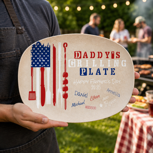 Custom Grilling Platter Daddy's Grilling Plate US Flag Patriotic Customized Father's Day Gift for Dad Personalized from Kids or Pets Names