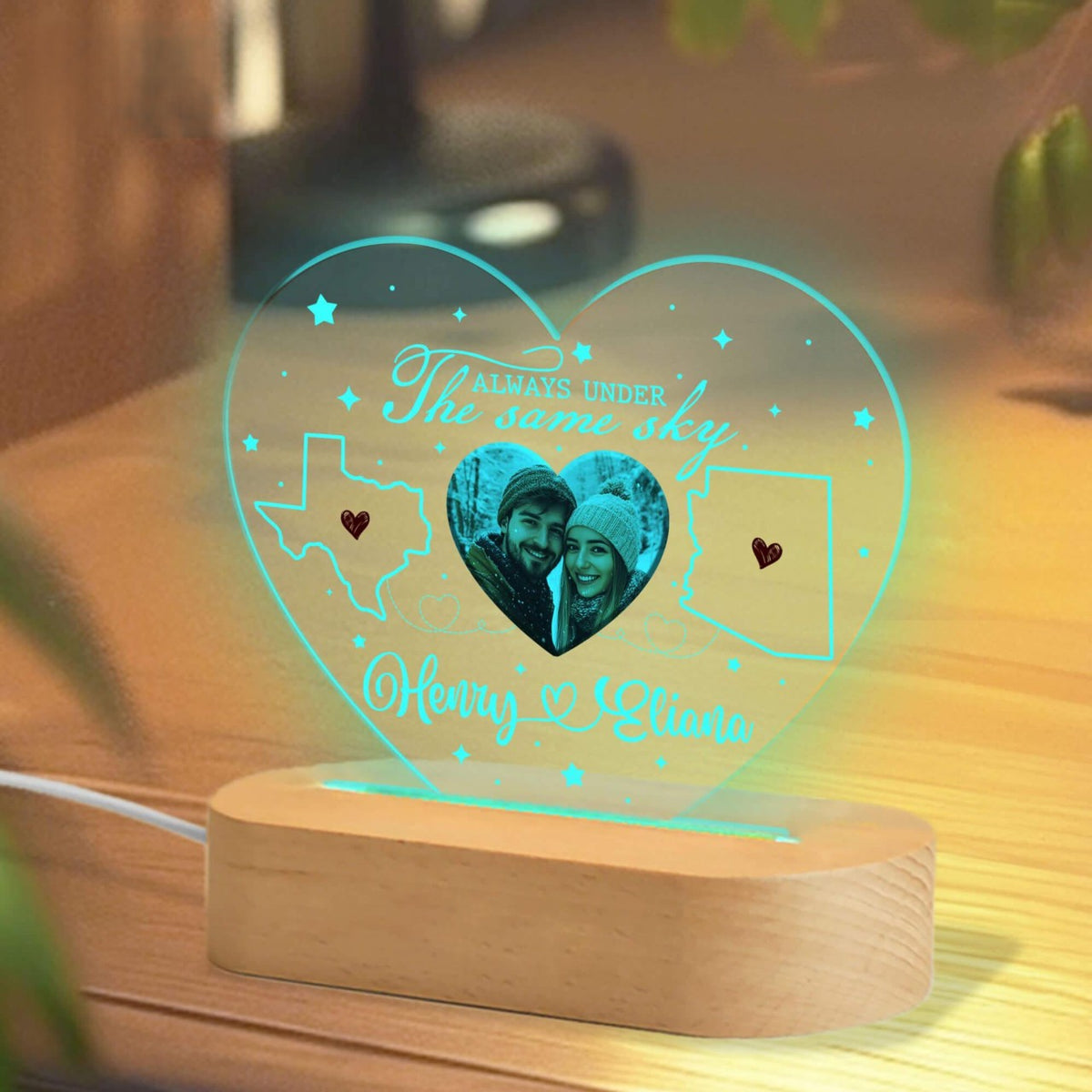Always Under The Same Sky Custom Couple Photo - Personalized 3D LED Light Wooden Base - Long Distance Gift For Couple, Valentines Day Gift, Anniversary Gift, Engagement Gift