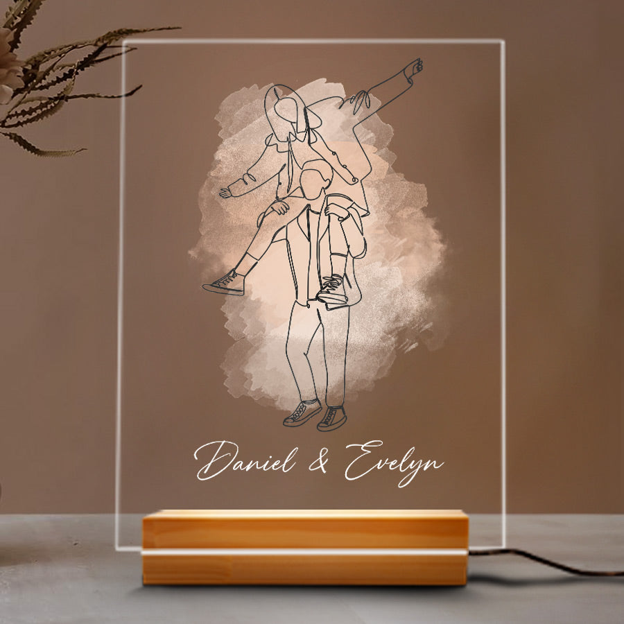 Couple Outline Portrait - Personalized 3D LED Light Wooden Base - Gift For Couple