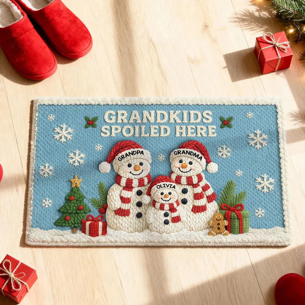 Snowman Family Crochet Faux Yarn Texture - Personalized Doormat - Christmas Decoration