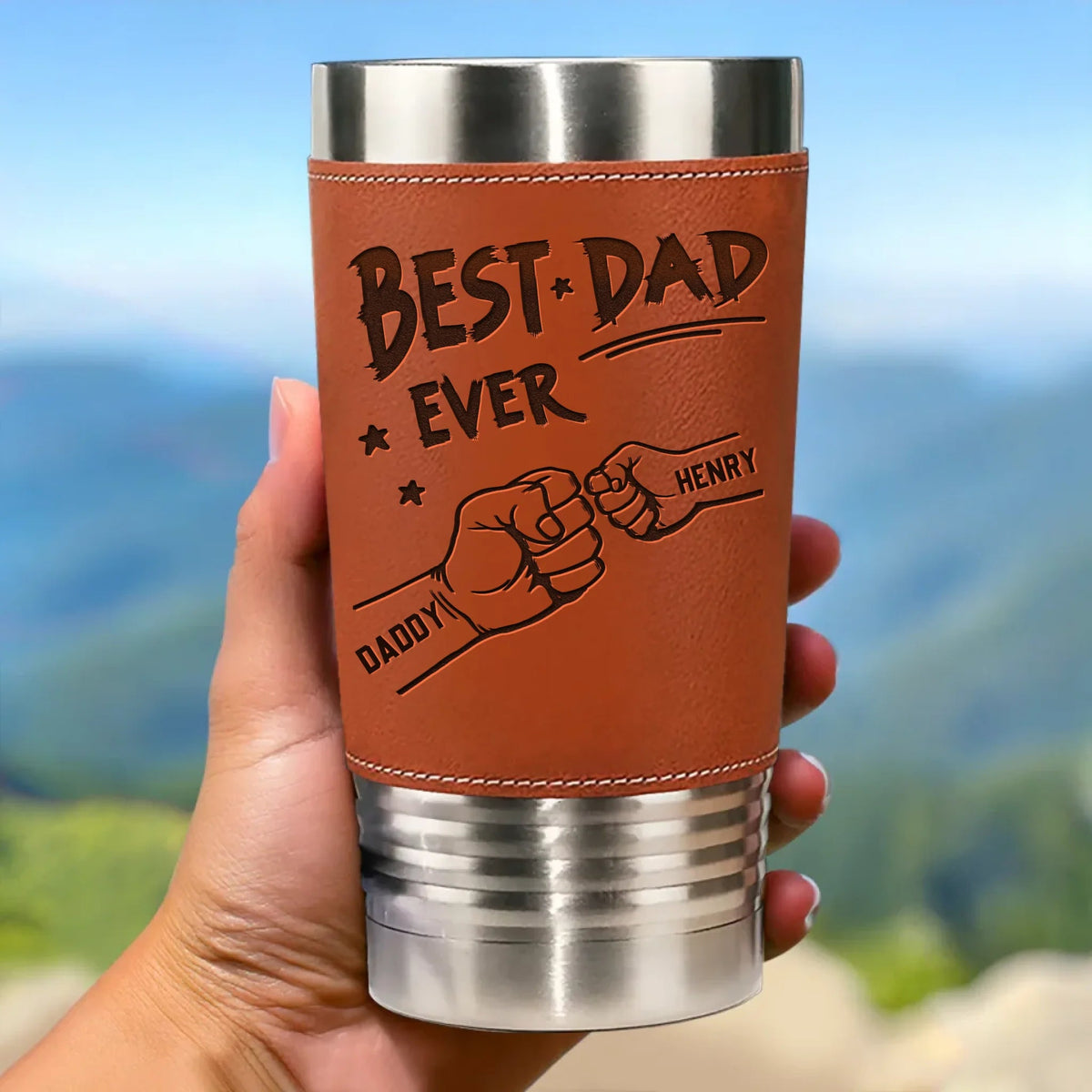 Best Dad Ever Dad & Kids Fist Bumps - Personalized Leather Tumbler - Father's Day, Gift For Dad, Grandpa