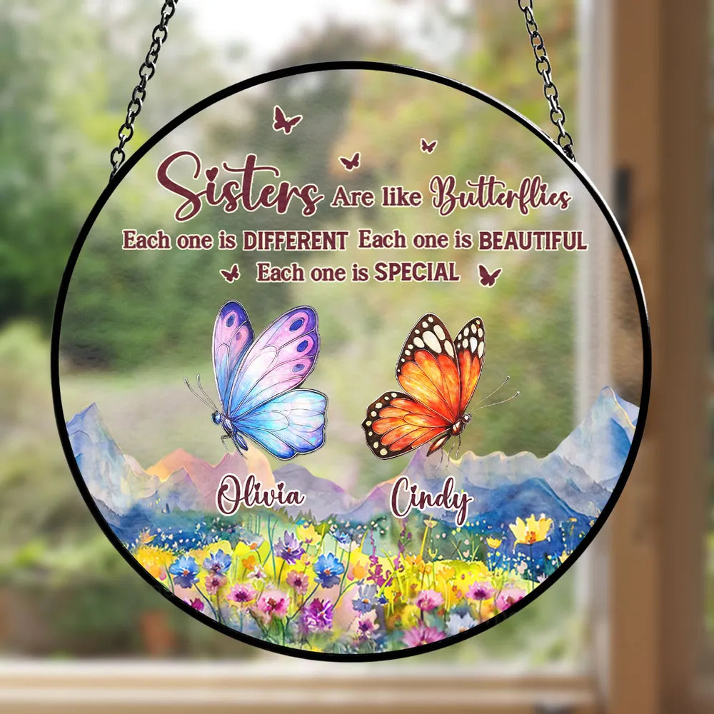 Sisters Are Like Butterflies - Personalized Suncatcher Stained Glass - Christmas, Birthday Gift For Sisters, Besties