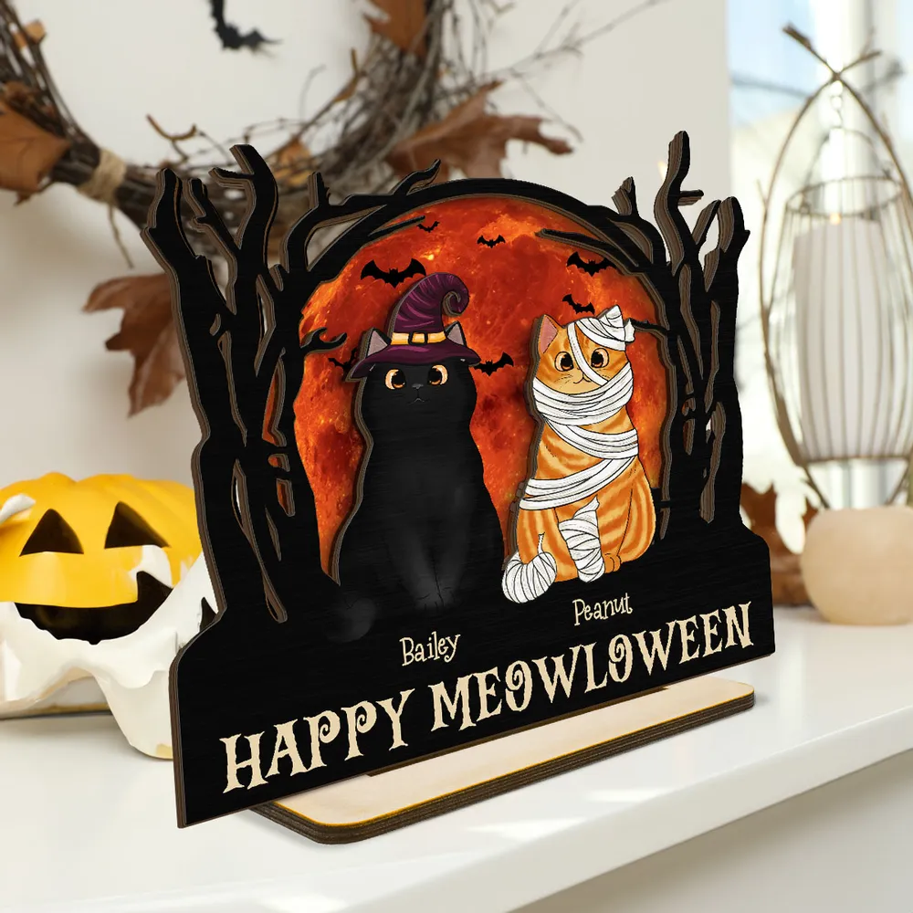 Happy Meowloween Halloween Night Cat - Pesonalized Wooden Plaque - Halloween Decor, Gift For Cat Lover