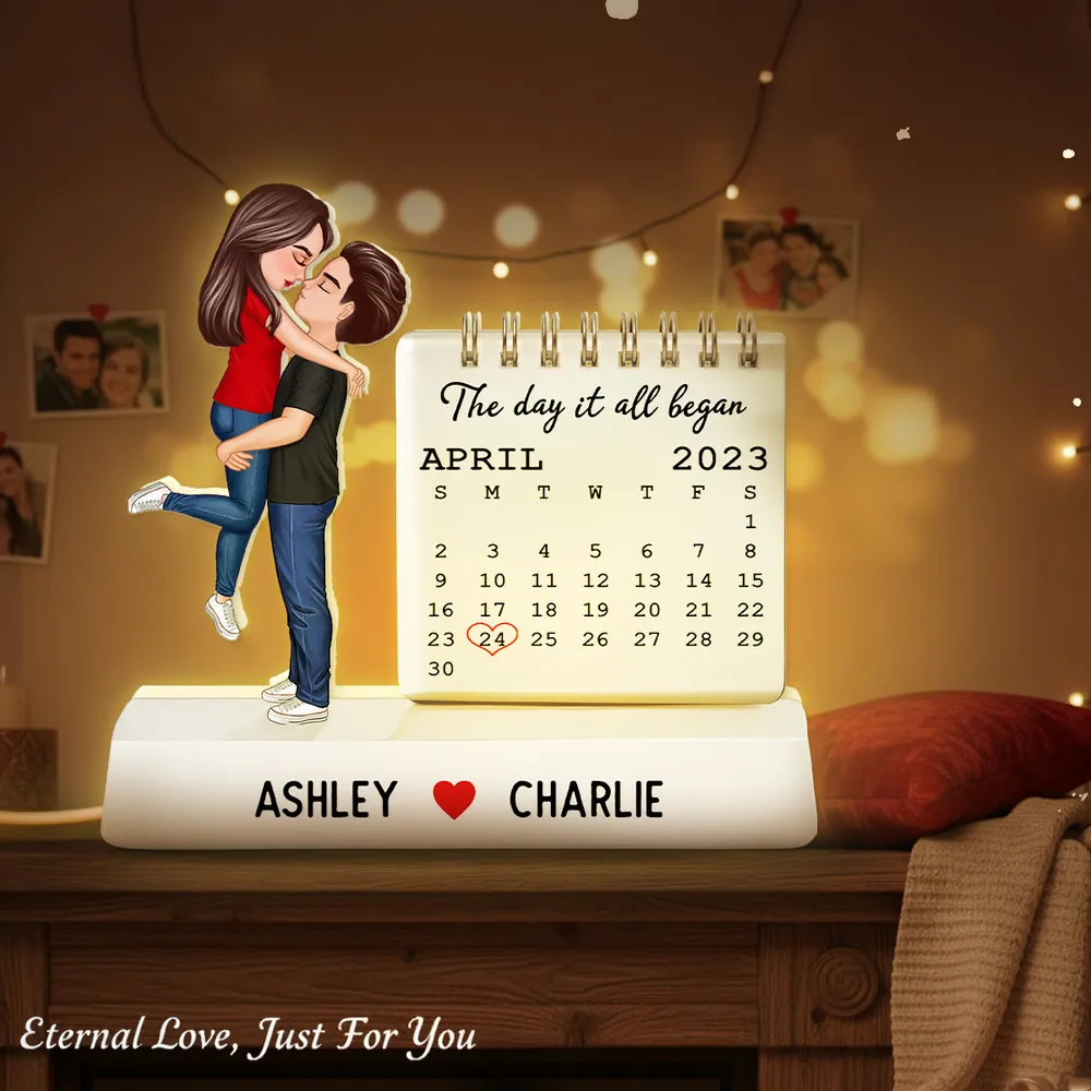 Couple Hugging Kissing The Day Our Story Began - Personalized Acrylic Light Box - Anniversary, Valentine's Day Gift For Couple