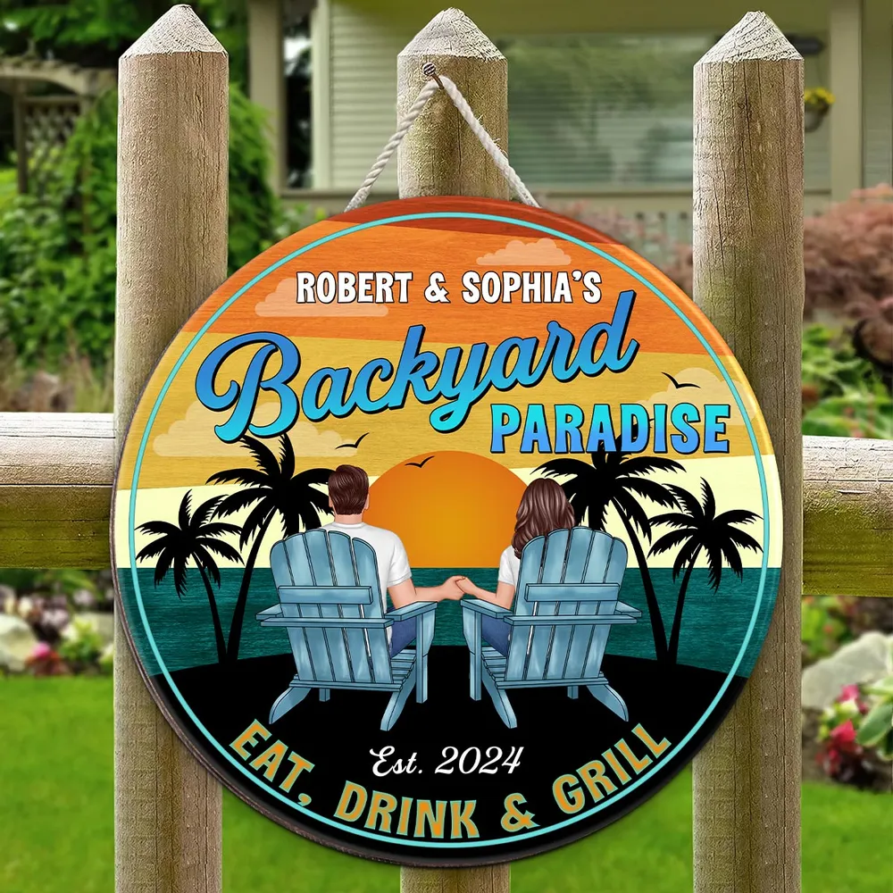 Vintage Backyard Paradise Couple Sitting - Personalized Wood Sign - Housewarming, Birthday, Anniversary Gift for Him, Her