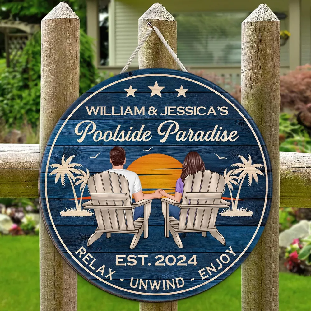 Poolside Paradise Beach Couple - Personalized Wood Sign - Gift For Couple, Summer Pool Deck, Beach House, Backyard Walls