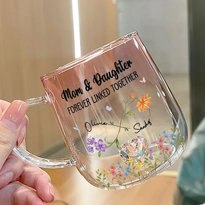 Mom And Daughter Forever Linked - Personalized Pink Gradient Glass Mug - Gift For Mom & Daughter, Mother's Day Gift