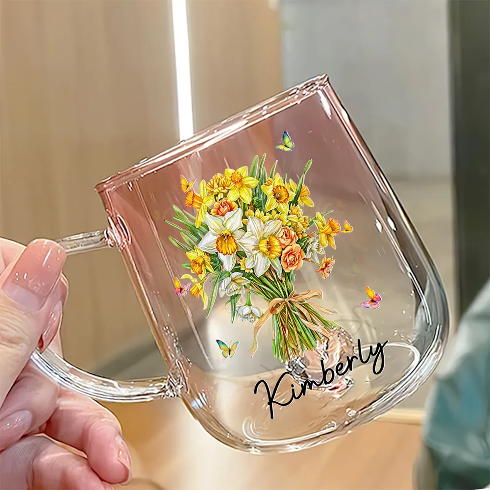 Custom Birth Month Flower Bouquet - Personalized Gradient Glass Mug - Birthday Gift, Mother's Day Gift