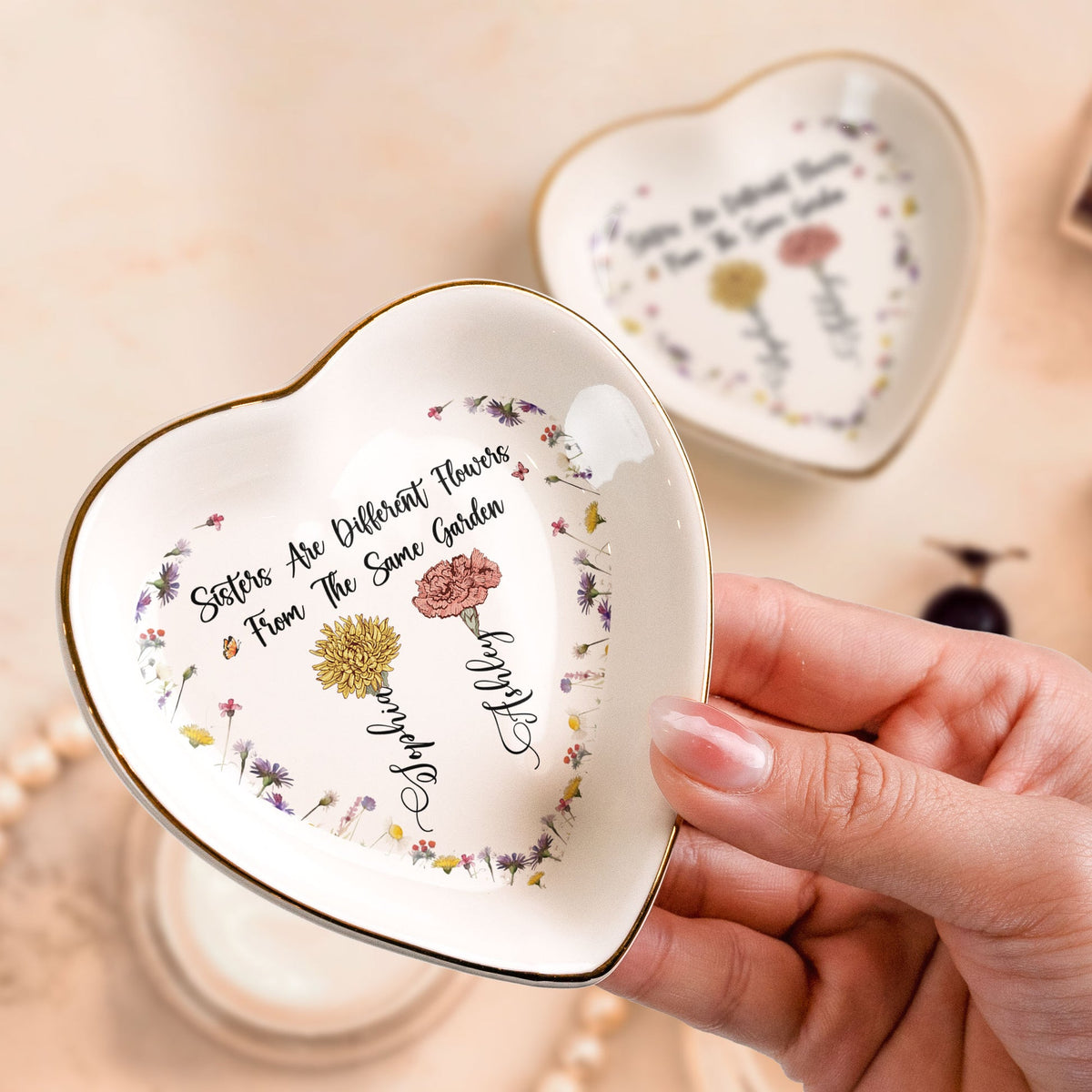Sisters Are Different Flowers - Personalized Jewelry Plate - Gift For Sisters, Besties, Friends