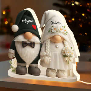 Groom And Bride Gnome With Hearts And Flowers - Personalized Acrylic LED Light Box - Valentine's Day Gift For Couples