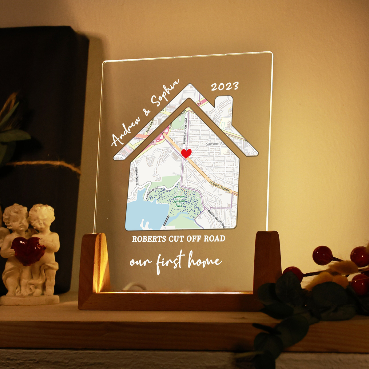 Our First Home - Personalized Desk Name Plate Night Light - Gift For Couple