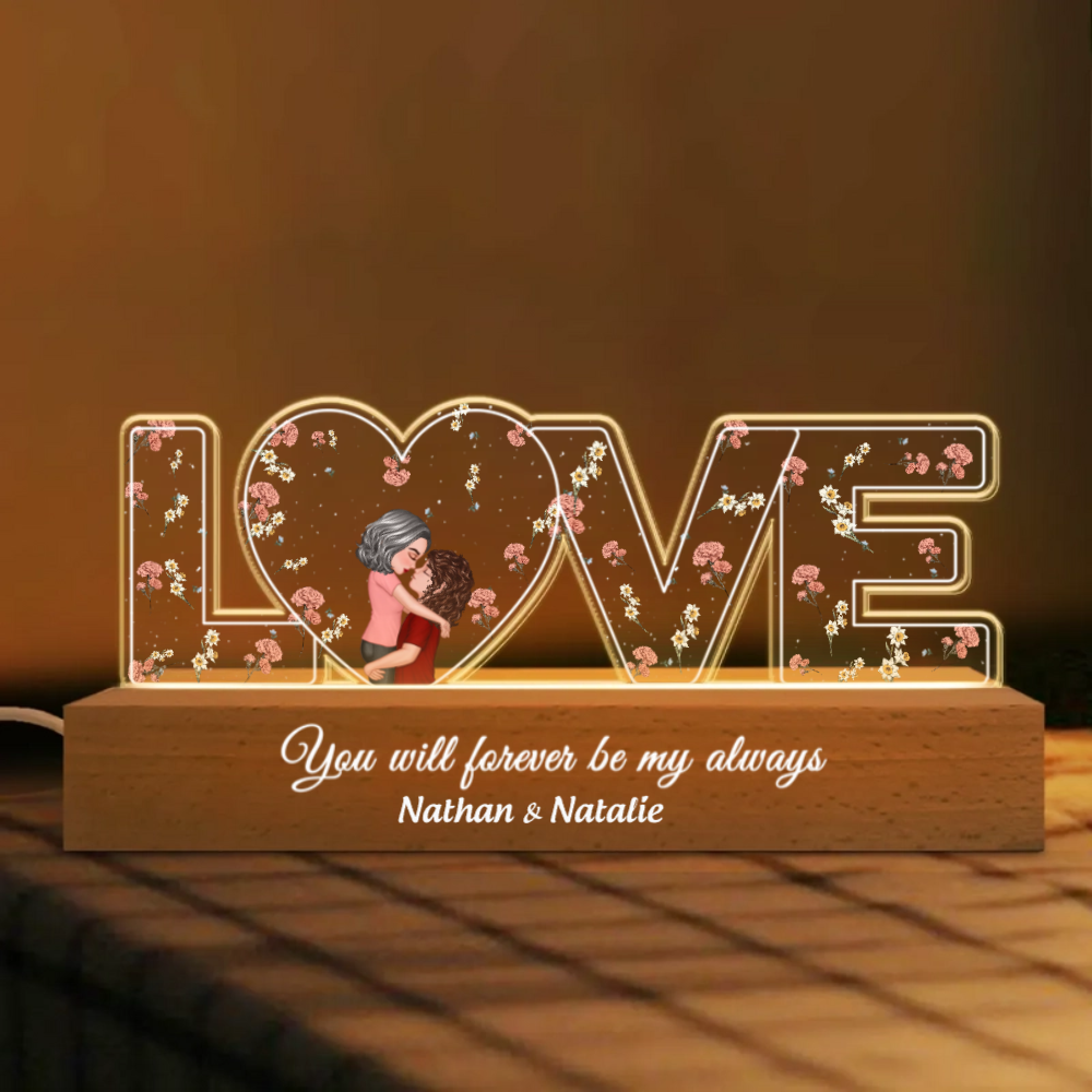 Love Custom Birth Month Flower Romantic Couple - Personalized 3D LED Light Wooden Base - Valentine's Day Gift, Anniversary Gift For Couple