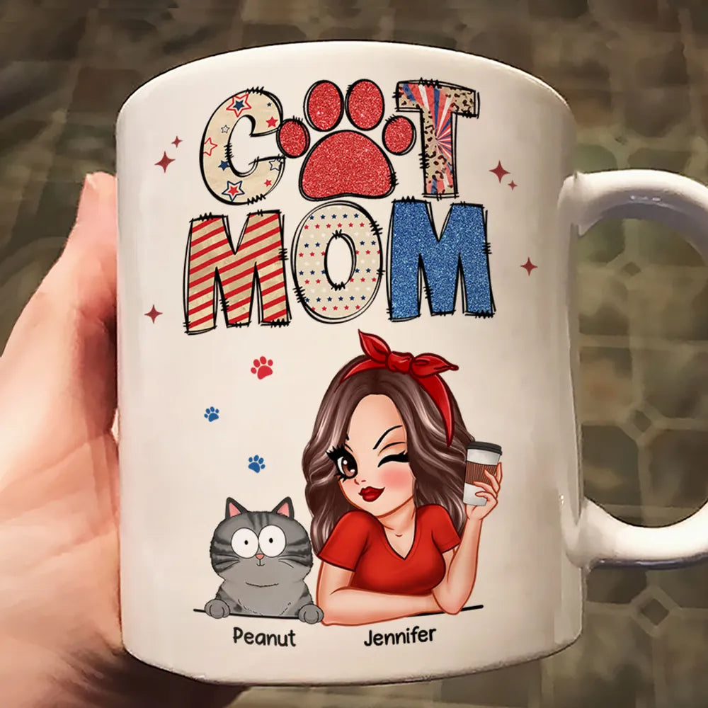 Cat Mom 4th Of July Pattern - Personalized Mug - Independence Day Gift For Cat Mom