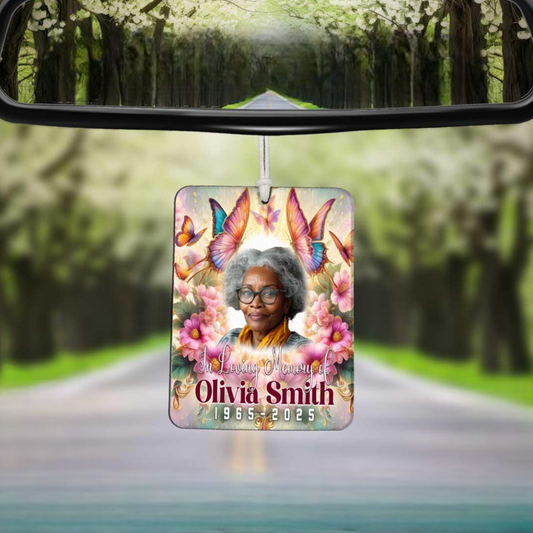 In Loving Memory Photo Car Freshener, Heavenly Butterfly Theme Memorial Freshie, Loss of Mom, Grandma, Sister, Aunt