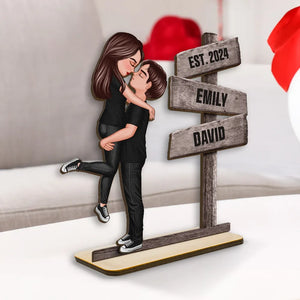 Kissing Couple Beside Directional Signs Personalized Wooden Plaque, Heartfelt Gift For Couple, Valentine's Day Gift