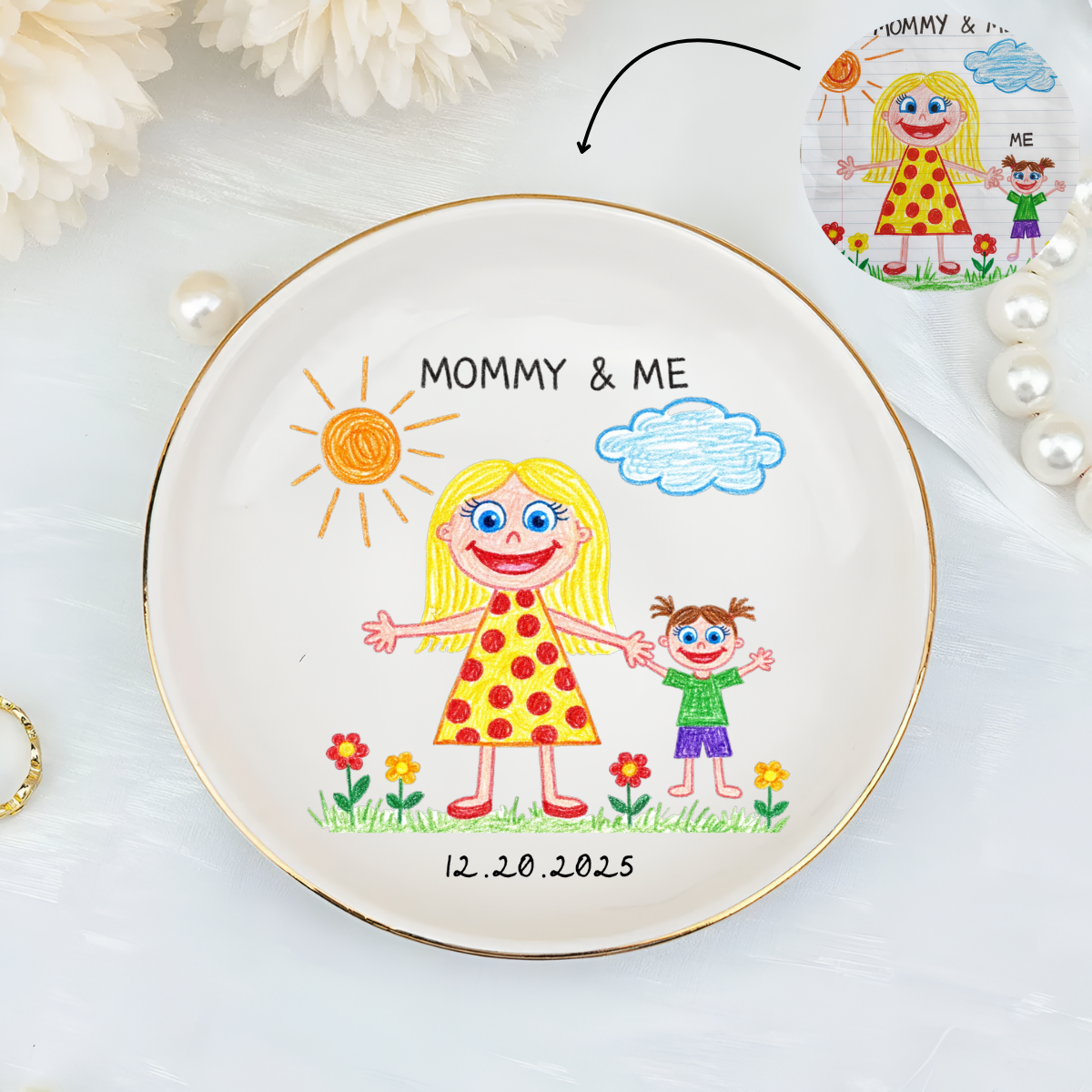 Custom Photo Jewelry Plate for Mom - Kid's Handdrawing Mother's Day Gift - Personalized Ceramic Ring Dish & Keepsake Tray