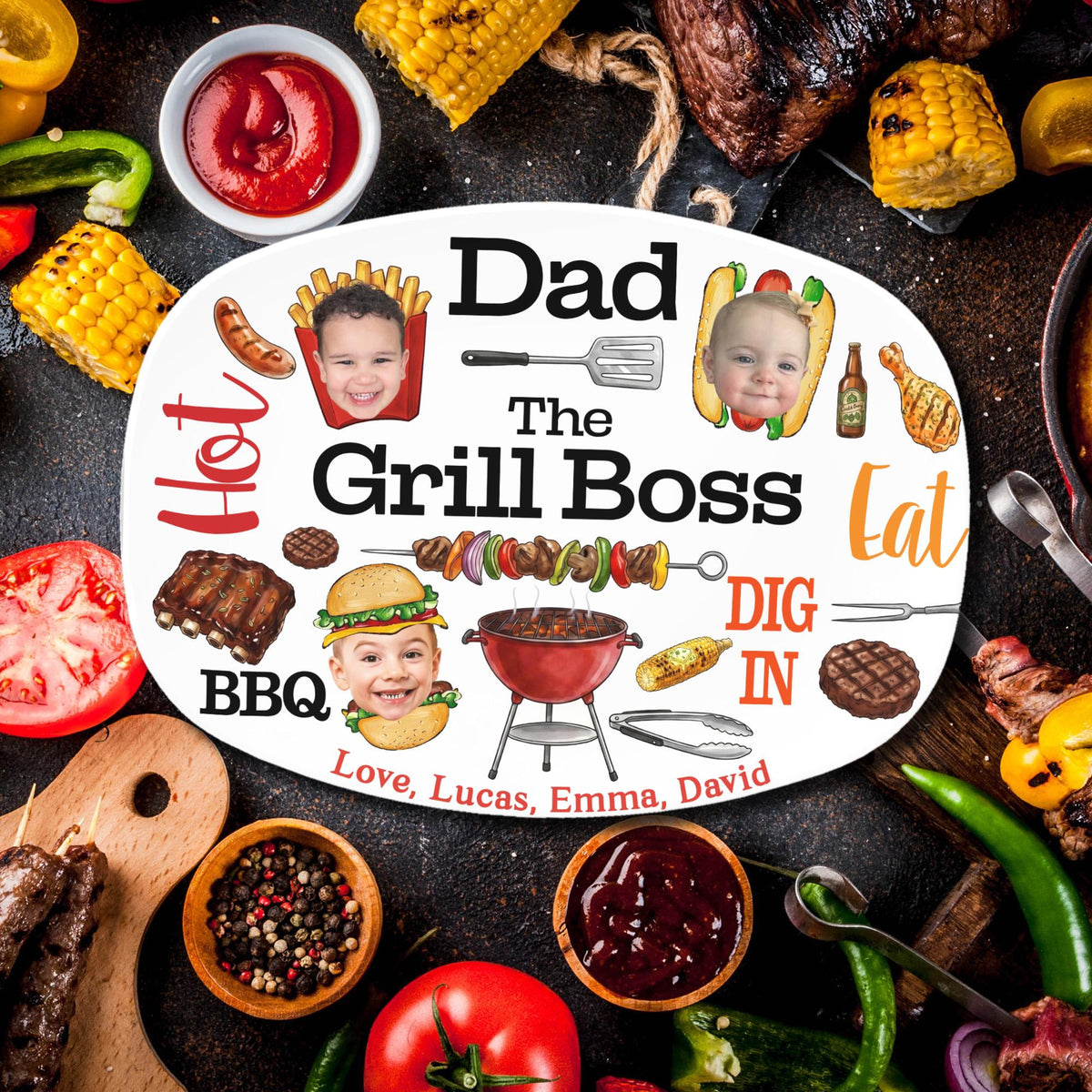 Personalized Dad Grilling Platter with Kids Faces, Funny Kids Face Platter, BBQ Dad Gift, The Grill Boss Plate, Fathers Day Gift for Husband