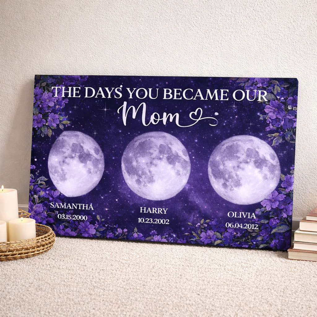 Purple Flowers Custom Birth Moon Phase - Personalized Canvas - Mother's Day Gift For Mom, Grandma