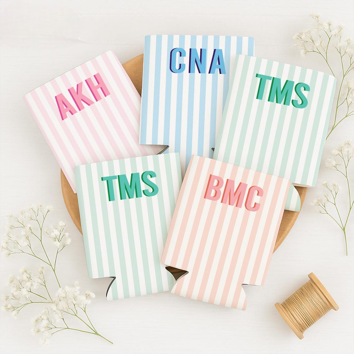 Monogram Bachelorette Slim Can Cooler, Personalized Name Coastal Bach Club Drink Sleeves, Beach Bachelorette Bridal Party Favors