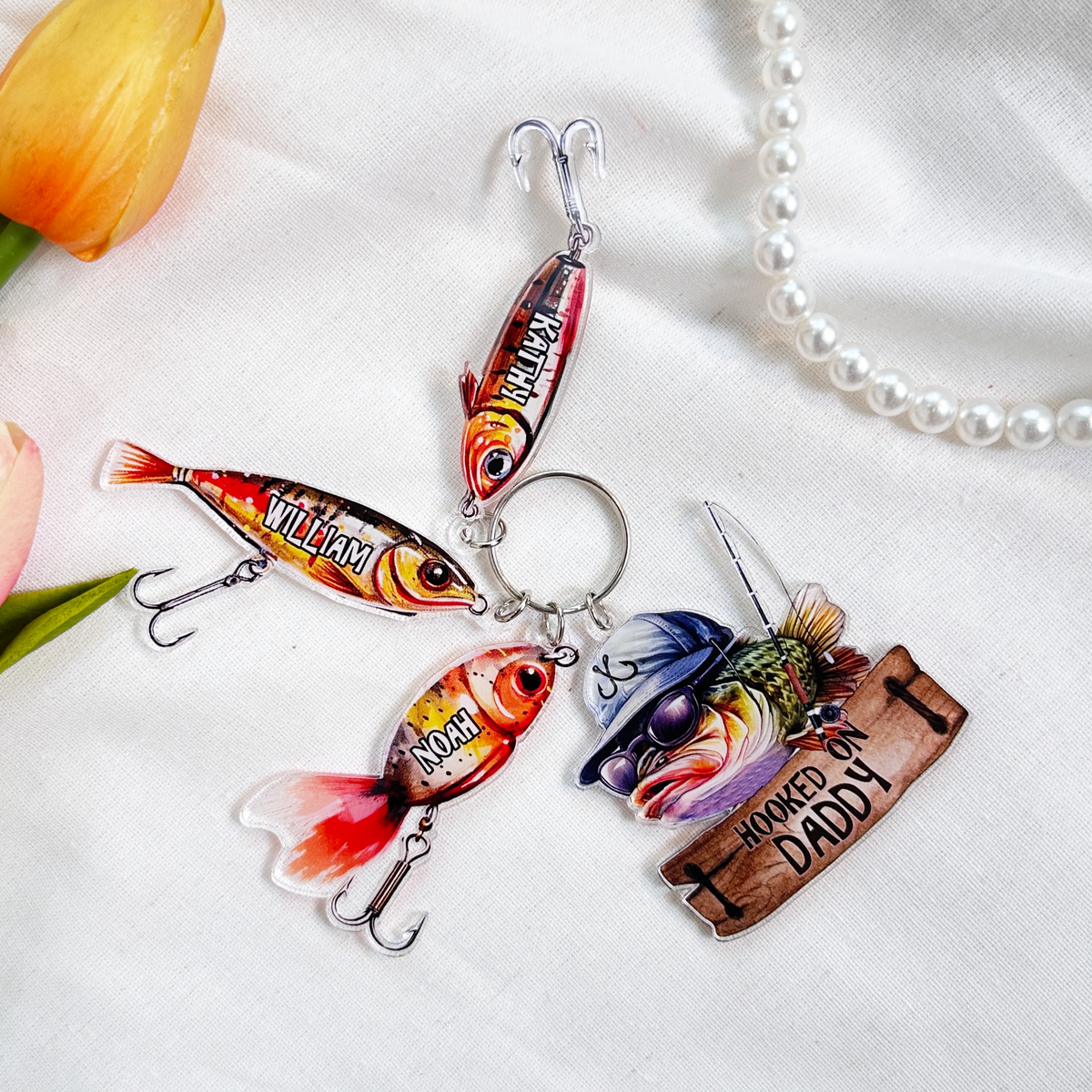 Hooked On Daddy Papa - Personalized Acrylic Tag Keychain - Gift For Father, Grandfather, Father's Day, Birthday Gift