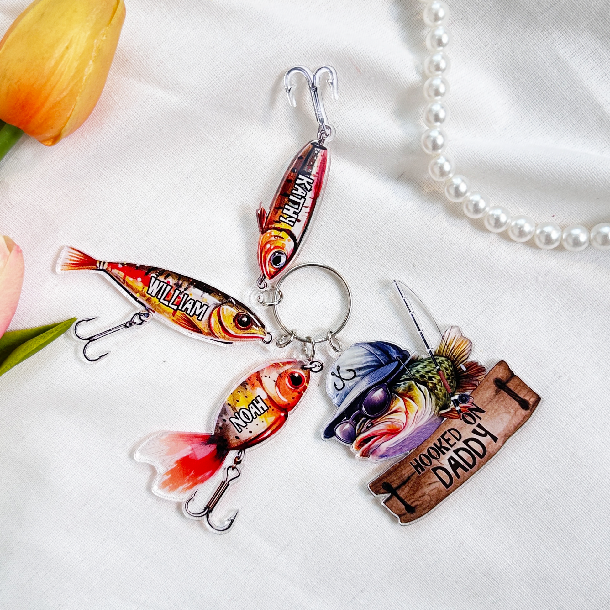 Hooked On Daddy Papa - Personalized Acrylic Tag Keychain - Gift For Father, Grandfather, Father's Day, Birthday Gift