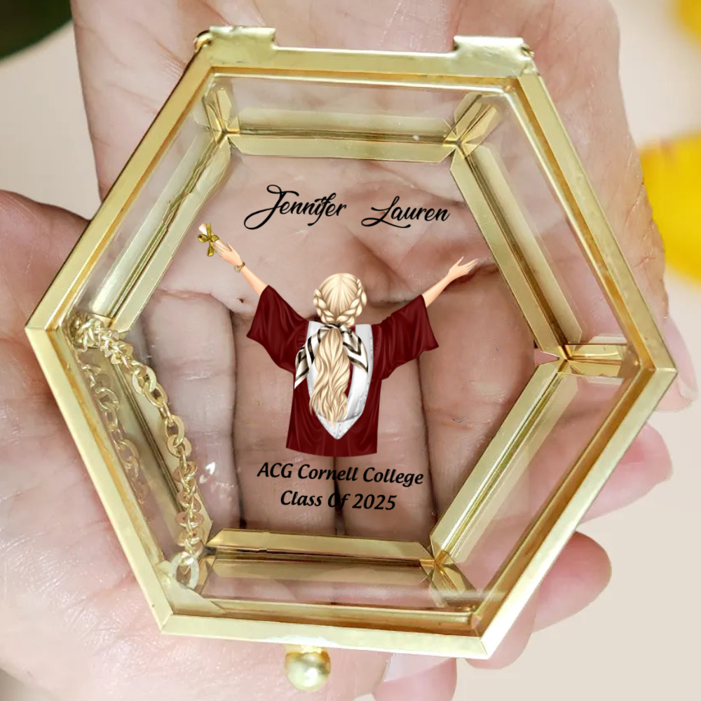 And Off She Went To Change The World - Personalized Hexagonal Glass Ring Box - Graduation Gift