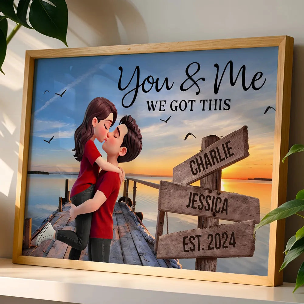Lake Dock Sign Posts Kissing Couple - Personalized Canvas - Anniversary Gift, Valentine's Day Gift For Couple
