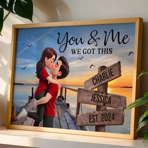 Lake Dock Sign Posts Kissing Couple - Personalized Canvas - Anniversary Gift, Valentine's Day Gift For Couple