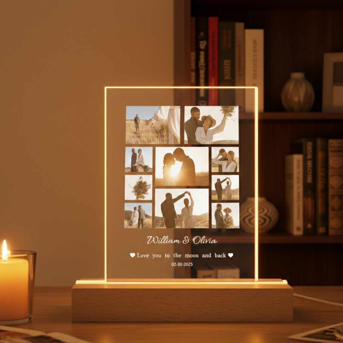 Custom Photo LED Light, Photo Collage Lamp, Personalized Acrylic LED Light Wooden Base, Valentines Gift for Couple
