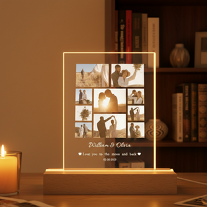 Custom Photo LED Light, Photo Collage Lamp, Personalized Acrylic LED Light Wooden Base, Valentines Gift for Couple