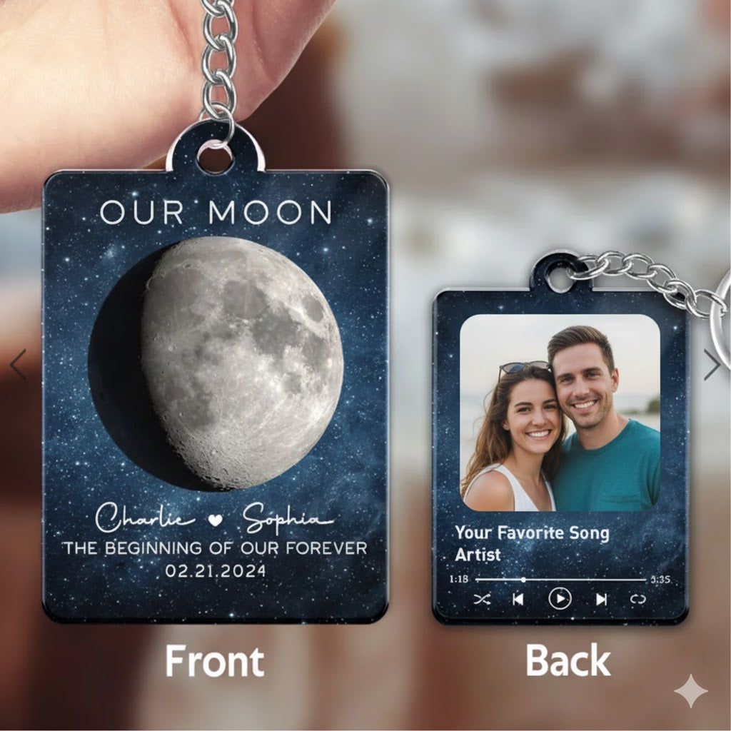 Our Moon Couple Moon Phase Custom Photo And Favorite Song - Personalized Acrylic Keychain - Anniversary Gift For Him Gift For Her
