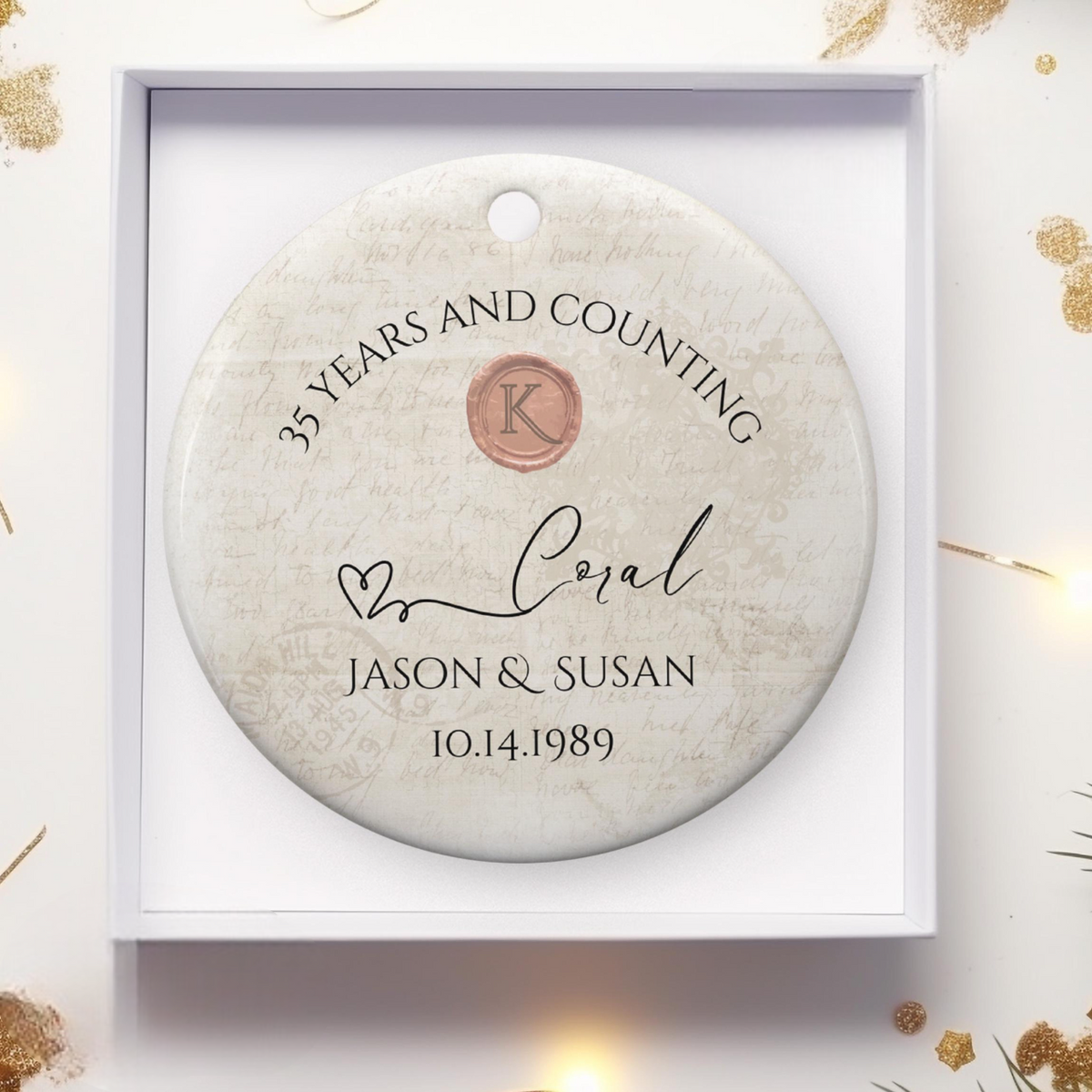 Personalized 35th Anniversary Ornament, Coral Wedding Anniversary Gift, 35 Year Anniversary Ceramic Ornament, 35 Years Married Gift For Couple